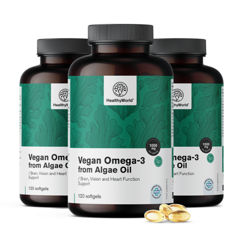 3x Omega-3 vegano 1000 mg – de algas, en total 360 cápsulas blandas