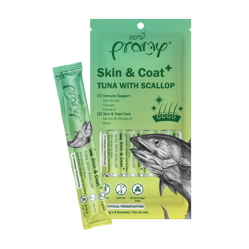 Skin & Coat – pochoutka s příchutí tuňáka a hřebenatky pro kočky, 56 g