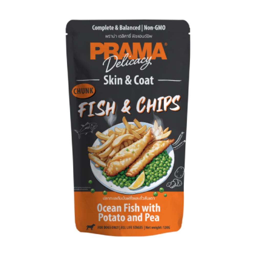 Skin & Coat – Hundesnack mit Fish & Chips-Geschmack in Sauce, 120 g