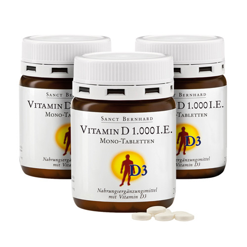 3x Vitamine D3 1000 u.i., ensemble 750 comprimés