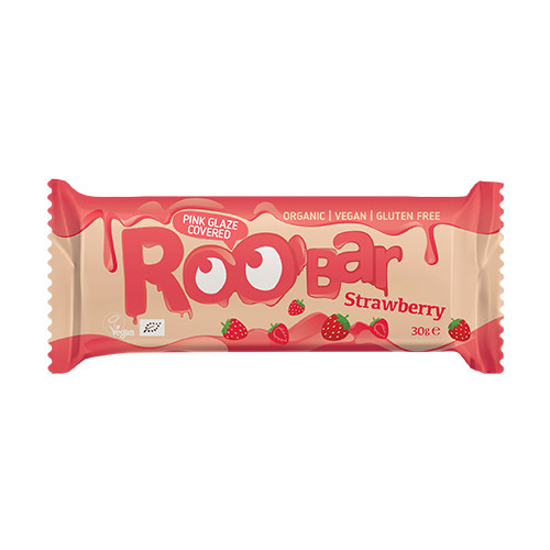 BIO Roobar vegán szelet – eper és rózsaszín máz, 30 g