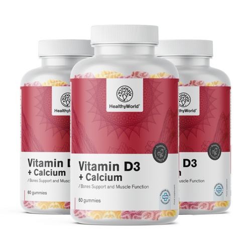 3x Vitamín D3 + Vápník – gumové bonbony na svaly, kosti a zuby, dohromady 180 gumových bonbonů