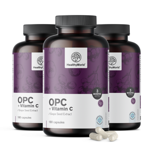 3x OPC – din sâmburi de struguri + vitamina C, total 540 de capsule