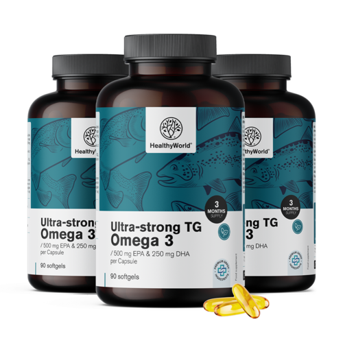 3x Ultra Strong Omega-3 – v trigliceridni obliki, skupaj 270 mehkih kapsul