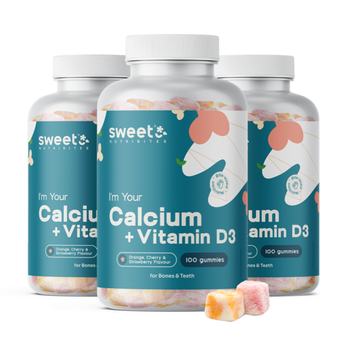 3x Calciu + vitamina D3 – bomboane gumate pentru mușchi, oase și dinți, total 300 de bomboane gumate