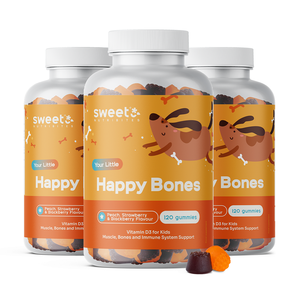 3x Happy Bones – gumiji za otroke z vitaminom D3, skupaj 360 gumi bonbonov